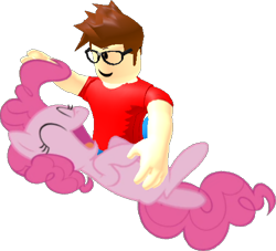 Size: 485x441 | Tagged: safe, imported from derpibooru, pinkie pie, oc, oc:anon, earth pony, pony, ^^, bellyrubs, eyes closed, female, male, mare, roblox, simple background, spread wings, tickling, tommytonka, transparent background, wings