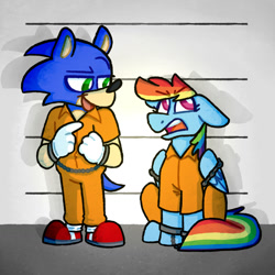 Size: 1280x1280 | Tagged: safe, artist:necro-hamster, imported from derpibooru, rainbow dash, bound wings, chains, clothes, crossover, cuffs, jail, police lineup, prison, prison outfit, prisoner rd, sonic the hedgehog, sonic the hedgehog (series), wings