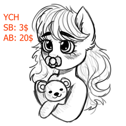 Size: 1841x1835 | Tagged: safe, artist:vaiola, imported from derpibooru, oc, oc only, pony, advertisement, auction, avatar, baby, baby pony, big eyes, blushing, bust, commission, cute, ear fluff, eyebrows, female, fluffy, hug, icon, long mane, mare, pacifier, portrait, shy, simple background, sketch, solo, teddy bear, ych sketch, your character here