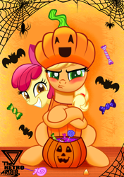 Size: 2000x2833 | Tagged: safe, alternate version, artist:theretroart88, imported from derpibooru, apple bloom, applejack, bat, earth pony, pony, spider, adorabloom, apple sisters, applejack is not amused, blushing, candy, clothes, costume, cute, duo, female, food, halloween, halloween costume, holiday, jackabetes, pumpkin, pumpkin bucket, pumpkinjack, siblings, sisters, tsundere, tsunjack, unamused