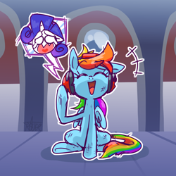 Size: 1024x1024 | Tagged: safe, artist:thegreatrouge, imported from derpibooru, rainbow dash, rarity, pegasus, pony, unicorn, charles calvin, crying, cute, dashabetes, eyes closed, female, floppy ears, headphones, henry stickmin, henry stickmin collection, hero, imminent death, mare, open mouth, sacrifice, sad, self sacrifice, space, spoilers for another series, tears of pain, this will end in death, this will end in tears, this will end in tears and/or death, valiant hero