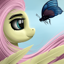 Size: 3000x3000 | Tagged: safe, artist:palibrik, imported from derpibooru, fluttershy, butterfly, pegasus, pony, cute, feather, female, looking at each other, mare, shyabetes, smiling