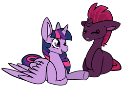 Size: 1412x1024 | Tagged: safe, artist:greyestgray, imported from derpibooru, tempest shadow, twilight sparkle, alicorn, pony, female, lesbian, lying down, prone, shipping, simple background, tempestlight, transparent background, twilight sparkle (alicorn)