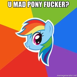 Size: 600x600 | Tagged: safe, imported from derpibooru, rainbow dash, pony, bronybait, caption, exploitable meme, female, image macro, mare, meme, memegenerator, solo, solo female, text, vulgar