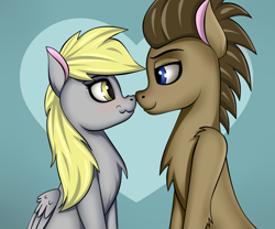 Size: 3000x2500 | Tagged: safe, artist:palibrik, imported from derpibooru, derpy hooves, doctor whooves, time turner, earth pony, pegasus, pony, blushing, chest fluff, doctorderpy, duo, female, heart, heart background, male, mare, nuzzling, shipping, sitting, smiling, stallion, straight