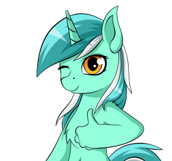 Size: 3000x2800 | Tagged: safe, artist:palibrik, imported from derpibooru, lyra heartstrings, anthro, unicorn, chest fluff, female, mare, one eye closed, simple background, smiling, solo, thumbs up, transparent background, wink