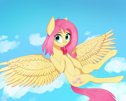 Size: 1250x1000 | Tagged: safe, artist:stravy_vox, artist:stravyvox, imported from derpibooru, fluttershy, pegasus, pony, blushing, cloud, cute, drink, female, flying, mare, shyabetes, sky, soda can, solo, spread wings, straw, wings