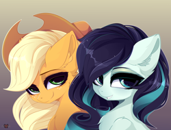 Size: 5250x4000 | Tagged: safe, artist:xsatanielx, imported from derpibooru, applejack, coloratura, earth pony, pony, absurd resolution, cute, duo, ear fluff, female, gradient background, jackabetes, mare, rarabetes, rcf community, smiling, smiling at you