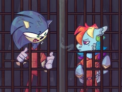 Size: 2224x1668 | Tagged: safe, artist:almostthursday, imported from derpibooru, rainbow dash, cell, chains, clothes, crossover, jail, prison, prison outfit, prisoner rd, sonic the hedgehog, sonic the hedgehog (series)