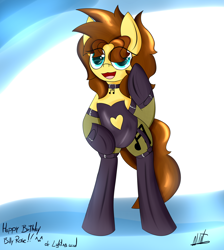 Size: 2200x2455 | Tagged: safe, artist:almaustral, imported from derpibooru, oc, oc only, oc:billy rose, earth pony, pony, abstract background, bipedal, clothes, earth pony oc, open mouth, signature, smiling, solo