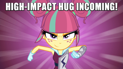 Size: 600x338 | Tagged: safe, edit, edited screencap, imported from derpibooru, screencap, sour sweet, equestria girls, friendship games, caption, image macro, impact font, incoming hug, it's coming right at us, looking at you, meme, running, text