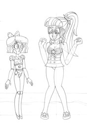 Size: 2283x3240 | Tagged: safe, artist:supra80, imported from derpibooru, sci-twi, twilight sparkle, robot, equestria girls, bikini, clothes, emmy the robot, female, glasses, nandroid, one-piece swimsuit, ponytail, sketch, starry eyes, swimsuit, traditional art, wingding eyes