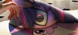 Size: 1441x646 | Tagged: safe, artist:chryseum, edit, imported from derpibooru, twilight sparkle, human, detailed, fourth wall, hand, looking at you, lying down, on side, paper, petting, realistic, side, stuck, wide eyes