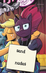 Size: 581x921 | Tagged: safe, edit, idw, imported from derpibooru, applejack, tempest shadow, spoiler:comic, :i, broken horn, exploitable meme, horn, i mean i see, meme, send nudes, tempest shadow's sign