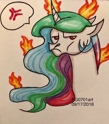 Size: 1080x1227 | Tagged: safe, artist:stargazerseven, imported from derpibooru, princess celestia, alicorn, pony, bust, celestia is not amused, cross-popping veins, female, fire, mare, pictogram, solo, traditional art, unamused