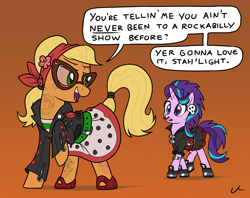 Size: 3070x2427 | Tagged: safe, artist:docwario, imported from derpibooru, applejack, starlight glimmer, earth pony, pony, unicorn, clothes, duo, ear piercing, female, gameloft, gameloft interpretation, glasses, gradient background, jacktober, looking at each other, mare, open mouth, orange background, piercing, simple background, speech bubble, tattoo
