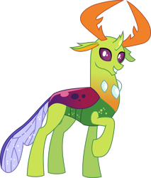 Size: 2563x3002 | Tagged: safe, artist:lightningbolt, derpibooru exclusive, imported from derpibooru, thorax, changedling, changeling, .svg available, curved horn, folded wings, grin, happy, horn, horns, king thorax, looking at you, male, raised hoof, show accurate, simple background, smiling, solo, standing, svg, transparent background, vector, wings