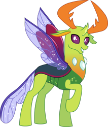 Size: 2563x3002 | Tagged: safe, artist:lightningbolt, derpibooru exclusive, imported from derpibooru, thorax, changedling, changeling, .svg available, curved horn, grin, happy, horn, horns, insect wings, king thorax, looking at you, male, raised hoof, show accurate, simple background, smiling, solo, spread wings, standing, svg, transparent background, vector, wings