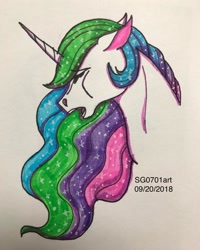 Size: 1080x1350 | Tagged: safe, artist:stargazerseven, imported from derpibooru, princess celestia, alicorn, pony, ethereal mane, eyes closed, female, mare, missing accessory, open mouth, solo, starry mane, traditional art