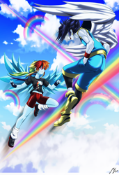 Size: 2264x3302 | Tagged: safe, alternate version, artist:mauroz, imported from derpibooru, rainbow dash, soarin', equestria girls, anime, belly button, clothes, duo, female, male, shipping, soarindash, straight, wings