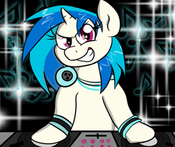 Size: 1100x930 | Tagged: safe, artist:tranzmuteproductions, imported from derpibooru, dj pon-3, vinyl scratch, pony, unicorn, eyelashes, female, grin, headphones, mare, music notes, smiling, solo, turntable, wristband