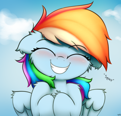 Size: 2500x2400 | Tagged: safe, artist:heavymetalbronyyeah, imported from derpibooru, rainbow dash, pegasus, pony, blushing, cheek fluff, chest fluff, cute, dashabetes, ear fluff, eyes closed, female, floppy ears, grin, happy, leg fluff, mare, shoulder fluff, sky, smiling, smiling at you, solo, squee, weapons-grade cute, wing fluff, wings