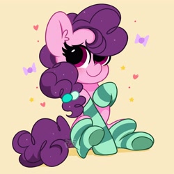 Size: 3700x3700 | Tagged: safe, artist:kittyrosie, imported from derpibooru, sugar belle, pony, clothes, cute, ear fluff, female, high res, mare, missing horn, sitting, socks, solo, striped socks, sugarbetes