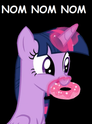 Size: 583x781 | Tagged: safe, artist:twilyisbestpone, derpibooru exclusive, edit, edited screencap, imported from derpibooru, screencap, twilight sparkle, alicorn, pony, the ending of the end, adorkable, black background, caption, comic sans, cute, donut, dork, eating, female, food, glowing horn, horn, levitation, magic, mare, nom, simple background, sitting, solo, telekinesis, text, twiabetes, twilight sparkle (alicorn), vector