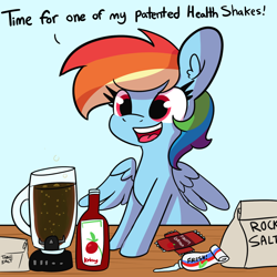 Size: 1800x1800 | Tagged: safe, artist:tjpones, imported from derpibooru, rainbow dash, pegasus, pony, 3d, blender, blender (object), blue background, female, food, ketchup, mare, rainbow dumb, salt, sauce, simple background, solo, this will end in diarrhea, this will end in hospitalization, this will end in tears, this will not end well, too dumb to live, toothpaste, white background