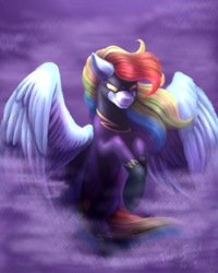 Size: 4000x5000 | Tagged: safe, artist:themessyfangirl, imported from derpibooru, rainbow dash, pegasus, pony, clothes, costume, female, flowing mane, fog, mare, nightmare night costume, redraw, shadowbolt dash, shadowbolts costume, signature, sinister smile, solo