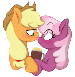 Size: 882x902 | Tagged: safe, artist:unoriginai, imported from derpibooru, applejack, cheerilee, :p, apple cider, blushing, boop, cheerijack, cider mug, cute, female, lesbian, licking, mug, shipping, simple background, tongue out, transparent background