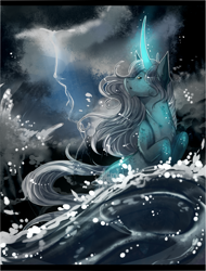 Size: 1427x1874 | Tagged: safe, artist:shiroikitten, imported from derpibooru, oc, oc only, pony, unicorn, solo, storm, water