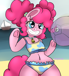 Size: 2480x2750 | Tagged: safe, artist:anykoe, imported from derpibooru, pinkie pie, anthro, earth pony, semi-anthro, arm hooves, beach, beach ball, bell, bell collar, belly button, bikini, bipedal, clothes, collar, cowprint, frog (hoof), grin, heart eyes, hind legs, midriff, pigtails, smiling, solo, swimsuit, underhoof, wingding eyes