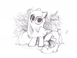 Size: 2048x1536 | Tagged: safe, artist:kebchach, imported from derpibooru, oc, oc only, bat pony, ghost, pegasus, pony, undead, boo, clothes, costume, crescent moon, ghost costume, gravestone, graveyard, grayscale, halloween, halloween costume, holiday, monochrome, moon, pumpkin, sitting, sketch, solo, speedpaint available