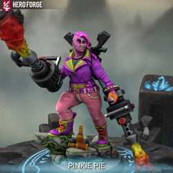 Size: 768x768 | Tagged: safe, imported from derpibooru, pinkie pie, human, 3d, beer bottle, bottle, clothes, flamethrower, gloves, gun, hero forge, humanized, pants, piercing, rock, shotgun, weapon