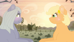 Size: 4344x2464 | Tagged: safe, artist:abbi--arson, imported from derpibooru, applejack, limestone pie, earth pony, pony, applestone, blushing, cute, female, flower, flower in hair, lesbian, limejack, limetsun pie, mare, rock farm, shipping, tsundere