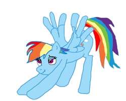 Size: 796x642 | Tagged: safe, artist:strelokfaggot, imported from derpibooru, rainbow dash, pegasus, pony, /mlp/, 1000 hours in ms paint, doodle, female, iwtcird, mare, meme, ms paint, paintbrush, simple background, solo, stretching, trace, white background