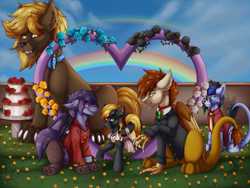 Size: 2000x1500 | Tagged: safe, artist:fkk, imported from derpibooru, oc, oc:anthonystone, oc:autumn birch, oc:nyn indigo, oc:shade demonshy, oc:swango, bat pony, hippogriff, hybrid, original species, pegasus, timber pony, timber wolf, bat pony oc, bat wings, cake, claws, clothes, commission, dress, fangs, female, food, hyppogriff, jewelry, love, male, marriage, paws, rainbow, ring, species swap, wedding, wedding dress, wedding ring, wings