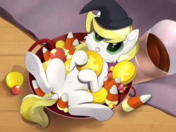 Size: 1600x1200 | Tagged: safe, artist:kebchach, imported from derpibooru, oc, oc only, oc:dandelion blossom, pony, :<, bowl, candy, candy bowl, candy corn, cheek fluff, commission, cute, dock, food, halloween, hat, holiday, lying down, ocbetes, on back, solo, tiny, tiny ponies, tongue out, underhoof, witch hat, ych result