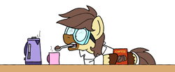 Size: 1024x420 | Tagged: safe, artist:bobthedalek, imported from derpibooru, oc, oc only, oc:calpain, earth pony, pony, clothes, coffee, goggles, kettle, lab coat, mouth hold, mug, simple background, solo, spoon, white background