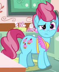 Size: 504x616 | Tagged: safe, imported from derpibooru, screencap, cup cake, earth pony, pony, the big mac question, apron, clothes, confused, cropped, ear piercing, female, frown, kitchen, mare, piercing, raised eyebrow, solo