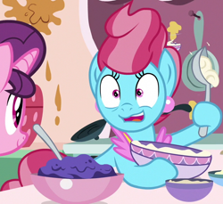 Size: 642x589 | Tagged: safe, imported from derpibooru, screencap, cup cake, sugar belle, earth pony, pony, unicorn, the big mac question, apprentice, bags under eyes, baking, cropped, cute, faic, female, mare, shrunken pupils, smiling, teacher and student