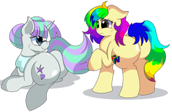 Size: 8900x5800 | Tagged: safe, artist:rainbowtashie, imported from derpibooru, cloudy quartz, twilight velvet, oc, oc:glossy granite, oc:rainbow tashie, earth pony, pony, unicorn, butt, collar, commissioner:bigonionbean, cute, cutie mark, extra thicc, female, flank, fusion, fusion:cloudy quartz, fusion:glossy granite, fusion:twilight velvet, glasses, mare, plot, simple background, transparent background, writer:bigonionbean