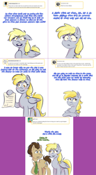 Size: 1502x2721 | Tagged: safe, artist:taffytwist, imported from derpibooru, derpy hooves, doctor whooves, time turner, earth pony, pegasus, pony, lovestruck derpy, ask, dialogue, duo, female, implied time travel, male, mare, necktie, paper, stallion, tumblr comic