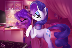 Size: 4292x2880 | Tagged: safe, artist:nevobaster, imported from derpibooru, applejack, fluttershy, pinkie pie, rainbow dash, rarity, twilight sparkle, oc, alicorn, pony, unicorn, bed, bedroom, blanket, book, bookshelf, canon x oc, clock, computer screen, desk, duo, female, figurine, glasses, hug, hug from behind, implied applejack, implied fluttershy, implied pinkie pie, implied rainbow dash, implied rarity, implied twilight sparkle, keyboard, lamp, lesbian, mare, notes, pillow, plushie, shipping, sleepy, twilight sparkle (alicorn)