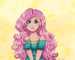 Size: 1280x1024 | Tagged: safe, artist:theladysknight, imported from derpibooru, fluttershy, human, alternate hairstyle, clothes, cute, dress, ear piercing, earring, female, freckles, humanized, jewelry, lipstick, makeup, piercing, shyabetes, solo