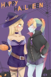 Size: 1000x1504 | Tagged: safe, artist:rino11828834, artist:yuan-rino, imported from derpibooru, applejack, rainbow dash, vampire, equestria girls, appledash, clothes, costume, female, halloween, halloween costume, holiday, lesbian, misspelling, pumpkin, shipping, witch