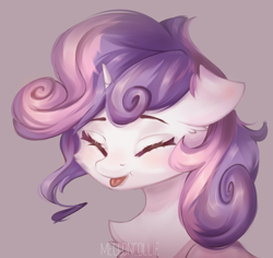 Size: 4000x3772 | Tagged: safe, artist:melloncollie-chan, imported from derpibooru, sweetie belle, pony, unicorn, :p, blushing, bust, cheek fluff, chest fluff, cute, diasweetes, ear fluff, eyes closed, female, fluffy, happy, portrait, simple background, solo, tongue out