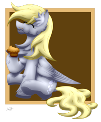 Size: 1359x1638 | Tagged: safe, artist:thebenalpha, imported from derpibooru, derpy hooves, pegasus, pony, ear fluff, eating, food, happy, muffin, simple background, sitting, transparent background, wings