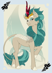 Size: 744x1038 | Tagged: safe, artist:bluekite-falls, artist:sky-railroad, imported from derpibooru, rain shine, kirin, pony, cloven hooves, crown, ear fluff, female, jewelry, looking at you, prance card game, regalia, solo